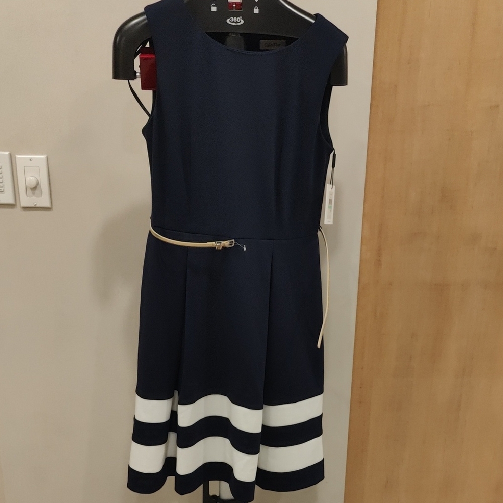 Calvin Klein Blue and White A-Line Midi Dress